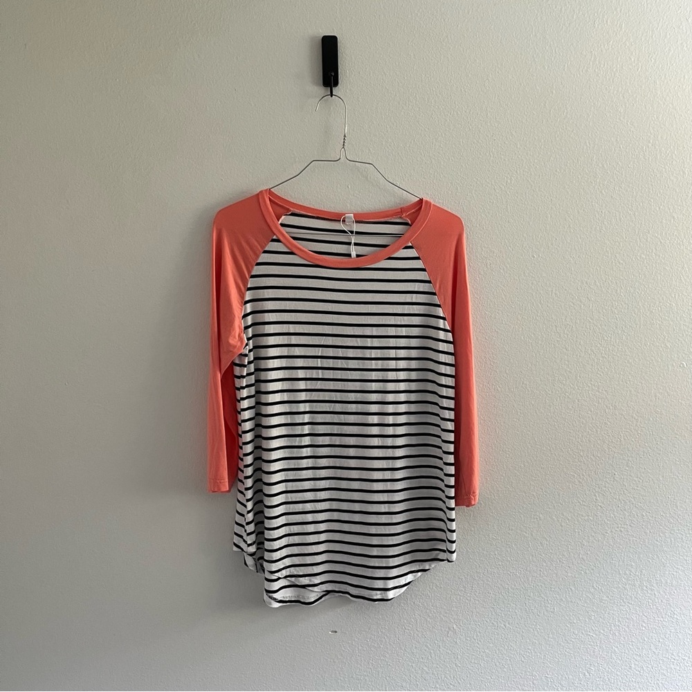 Peach, Black & White Striped Baseball‎ Tee